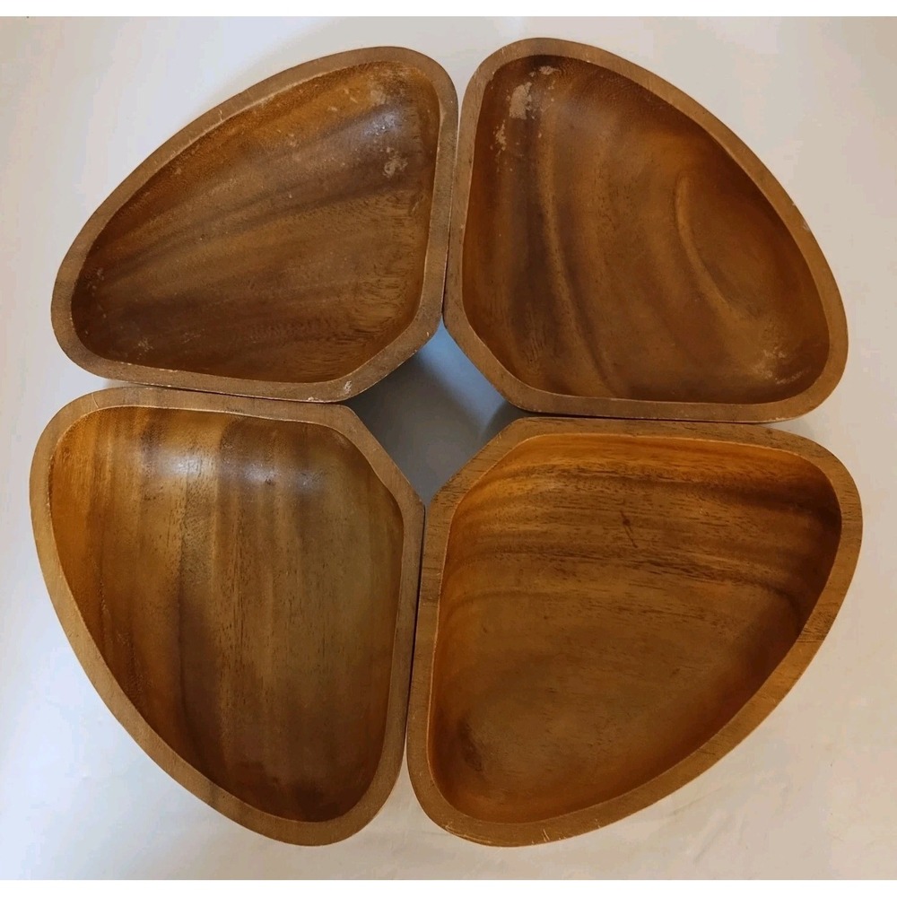 4‎ pc Vintage MCM Hand Carved Hardwood Snack Bowl Serving Set Or Trinkets